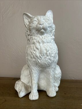 White Unpainted Handmade Life Size Plaster Decorative Sitting Long Hair Cat.